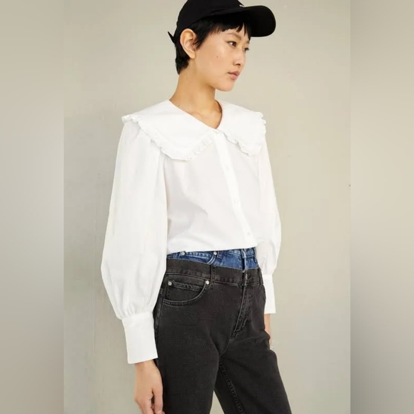 sandro Alda Ruffle Collar Button-Up Shirt in White - Picture 5 of 7